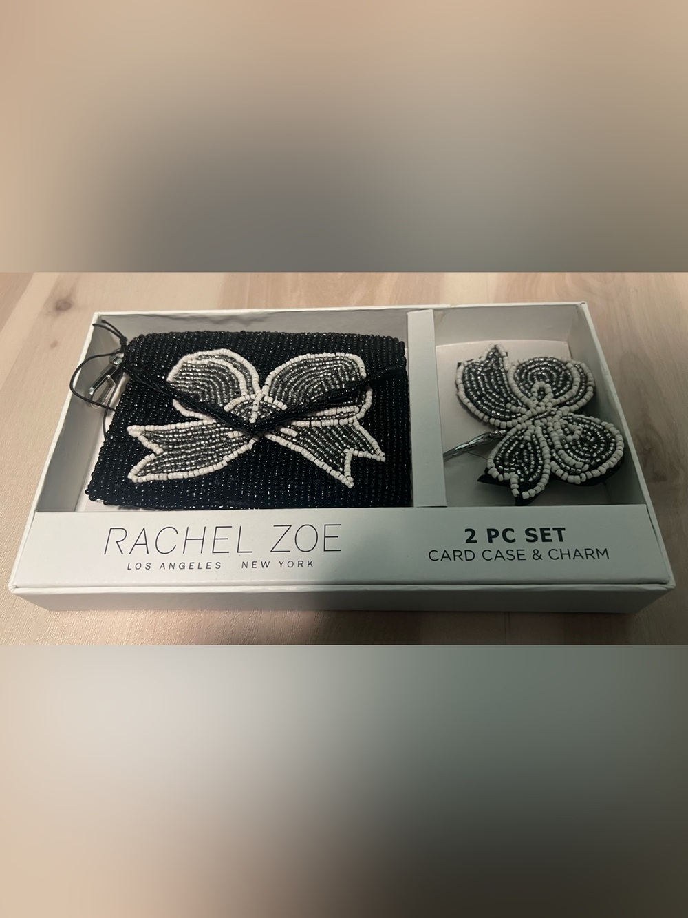 Beaded Bow Card Case and bow key chain - Black, White, Silver